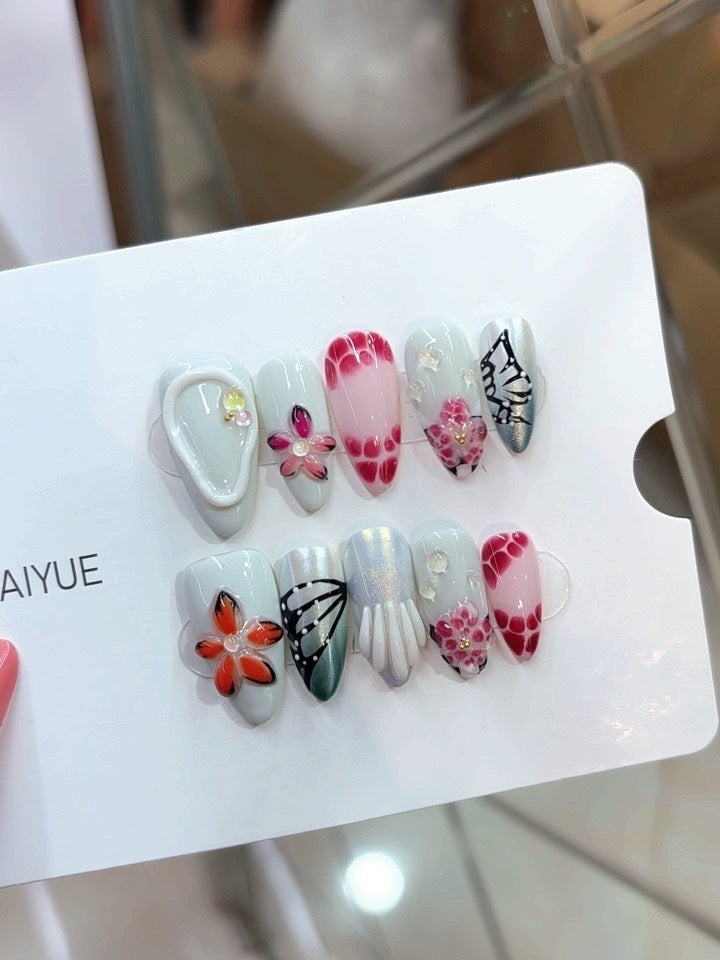 Purely handmade, re-used European and American style B313 elegant light green base three-dimensional flower ink wash butterfly shell
