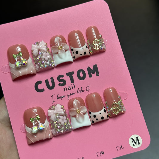 03-Sweet and cool style duckbill-shaped three-dimensional engraved floral pattern French-style spotted handmade wearable nail polish