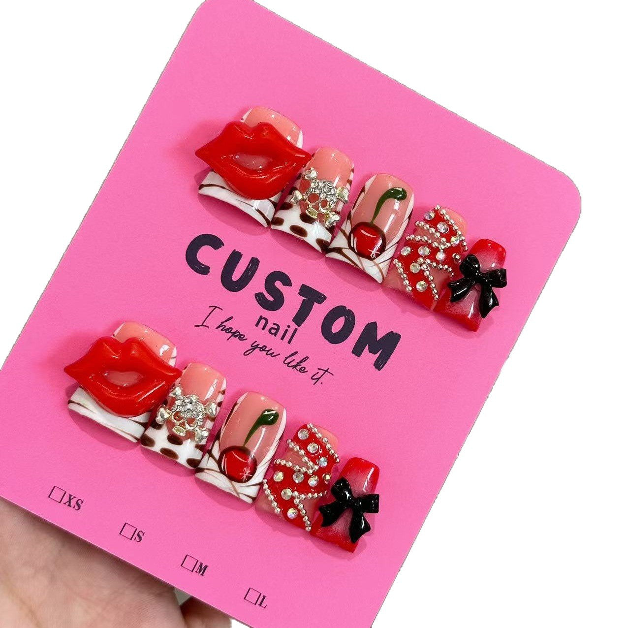 Sweet and cool style duckbill-shaped nails with red lips and cherry color pure handcrafted nail pressing nails