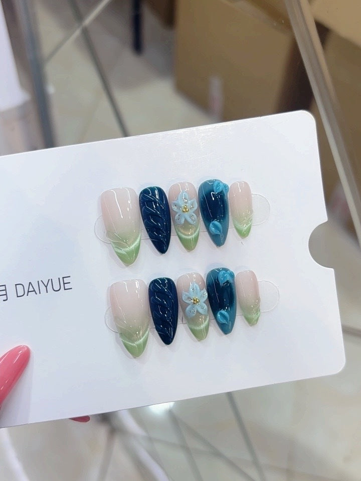 Purely handmade, reusing the European-style B326 hand-painted design featuring transparent, muted green, gradient, three-dimensional blue flower leaves.