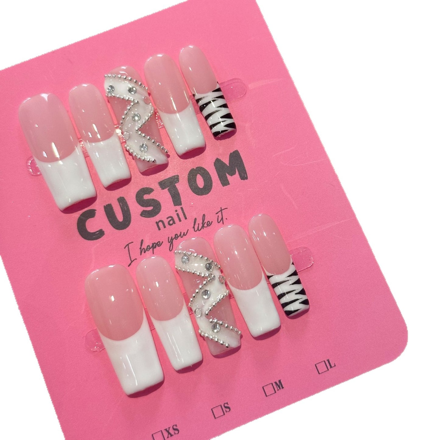 Water pipe with zebra pattern French-style construction, pure handcrafted wearable nails, Press on nails