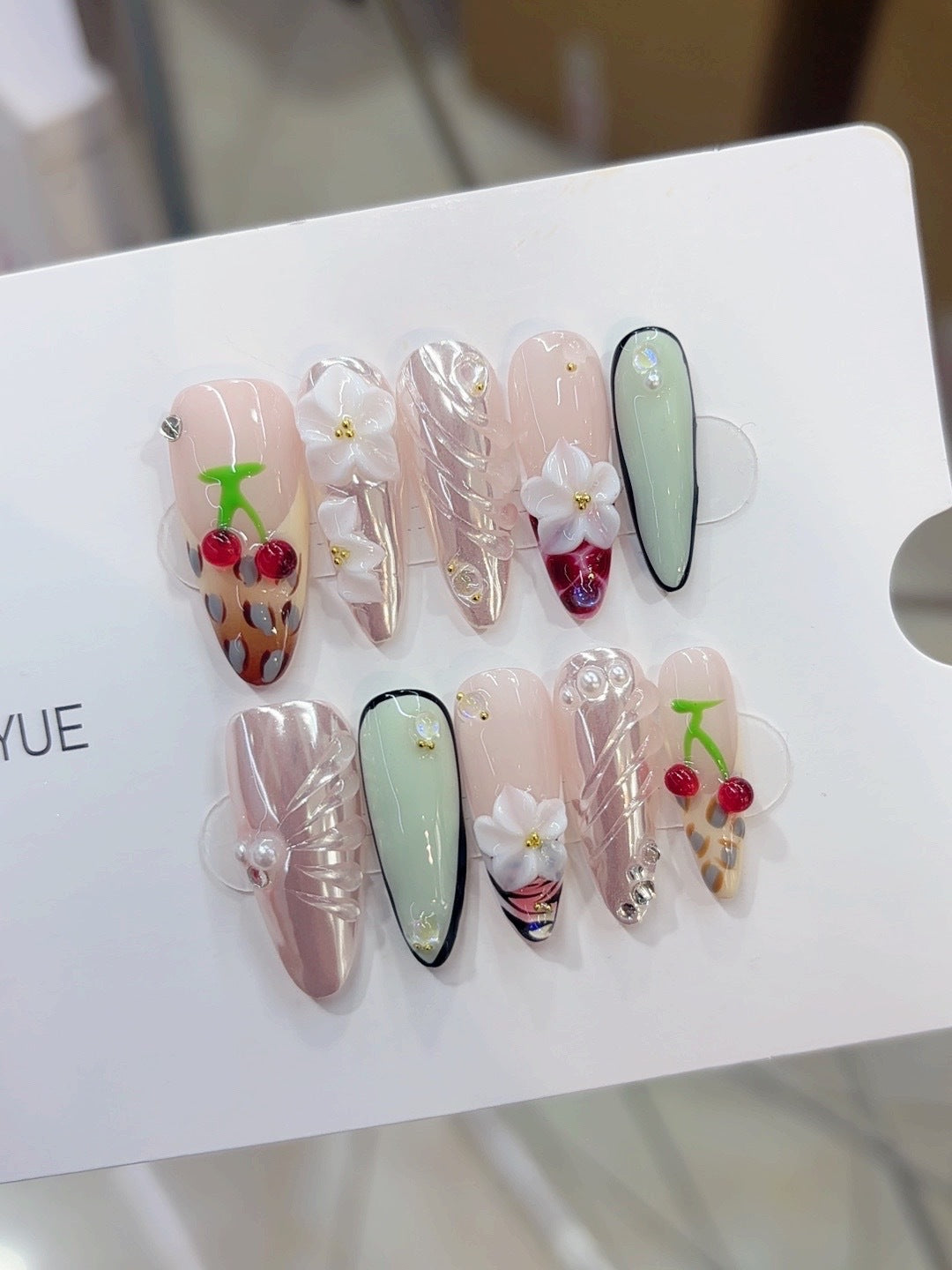 Purely handmade, re-used European-style B334 fresh and youthful handcrafted nail pieces. Three-dimensional cherry design.