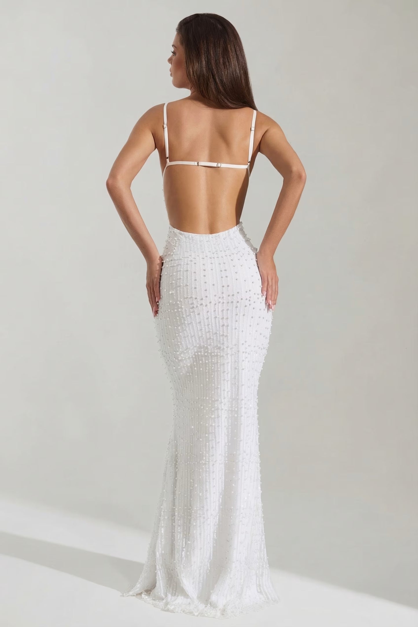 Embellished Cowl-Neck Backless Maxi Dress in White