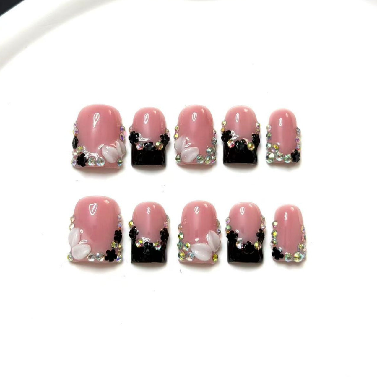 European and American short square three-dimensional engraved black French-style AB color-pointed diamond pure handmade costume jewelry