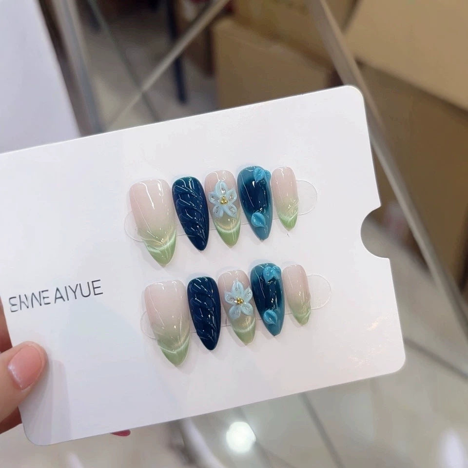79-Purely handmade, reusing the European-style B326 hand-painted design featuring transparent, muted green, gradient, three-dimensional blue flower leaves.