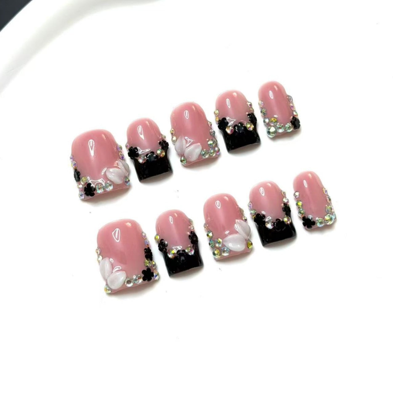 European and American short square three-dimensional engraved black French-style AB color-pointed diamond pure handmade costume jewelry