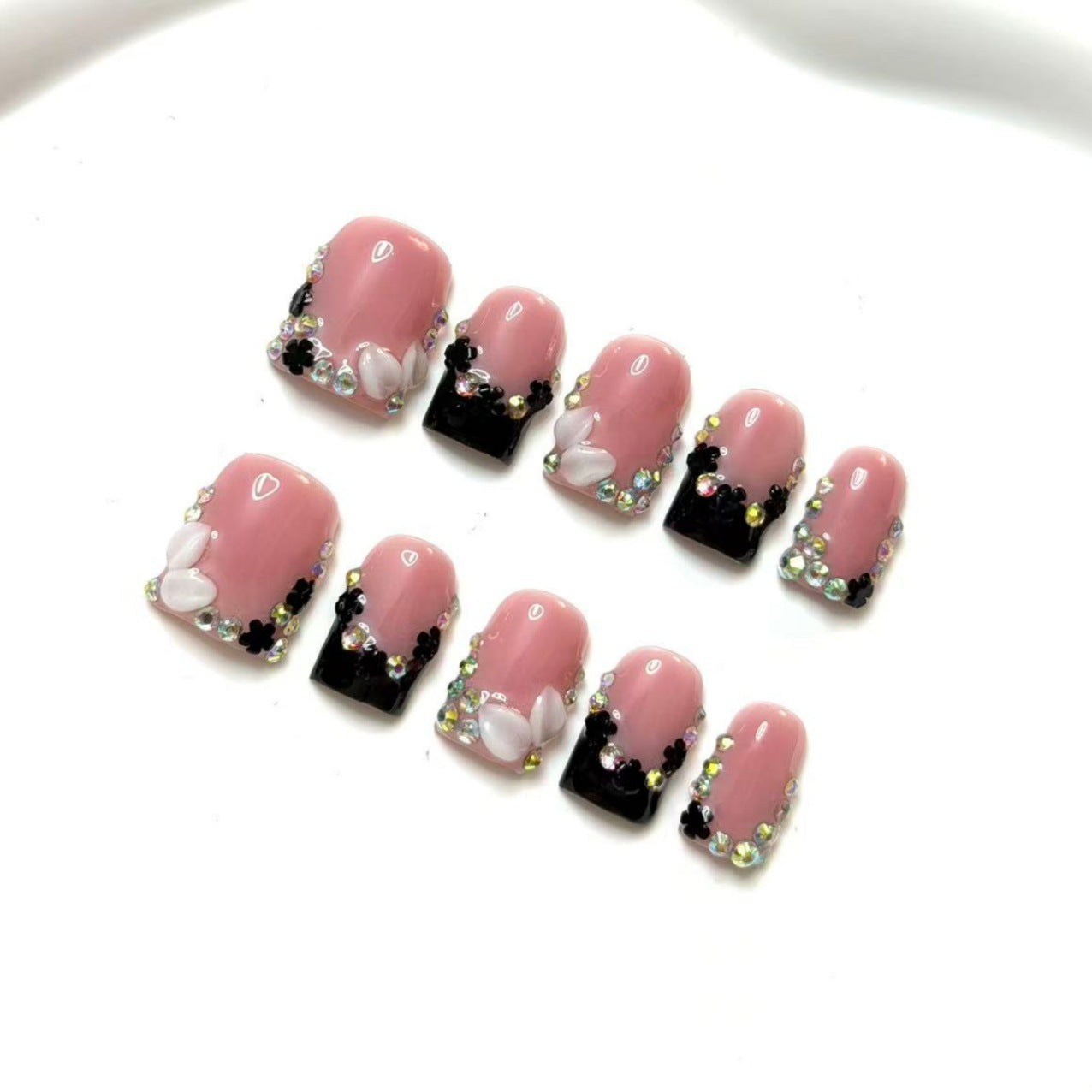 European and American short square three-dimensional engraved black French-style AB color-pointed diamond pure handmade costume jewelry