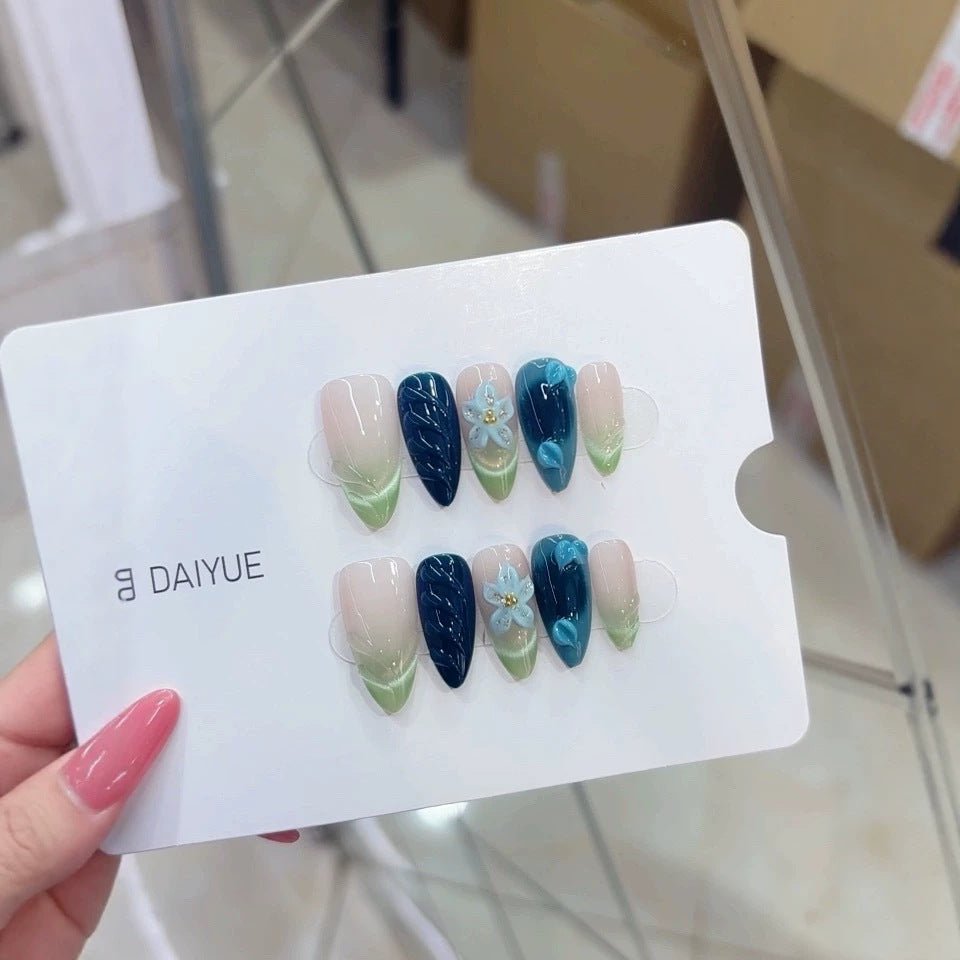 79-Purely handmade, reusing the European-style B326 hand-painted design featuring transparent, muted green, gradient, three-dimensional blue flower leaves.