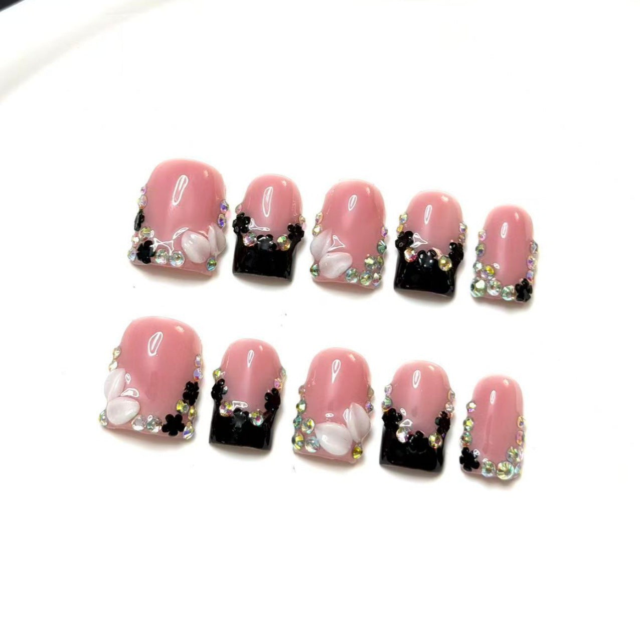 European and American short square three-dimensional engraved black French-style AB color-pointed diamond pure handmade costume jewelry