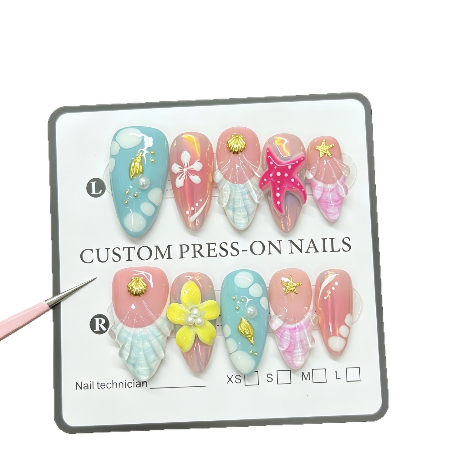 Red starfish handcrafted nail polish with an oceanic style almond-shaped design for a beachy look. Hand-painted nail stickers with intricate designs.