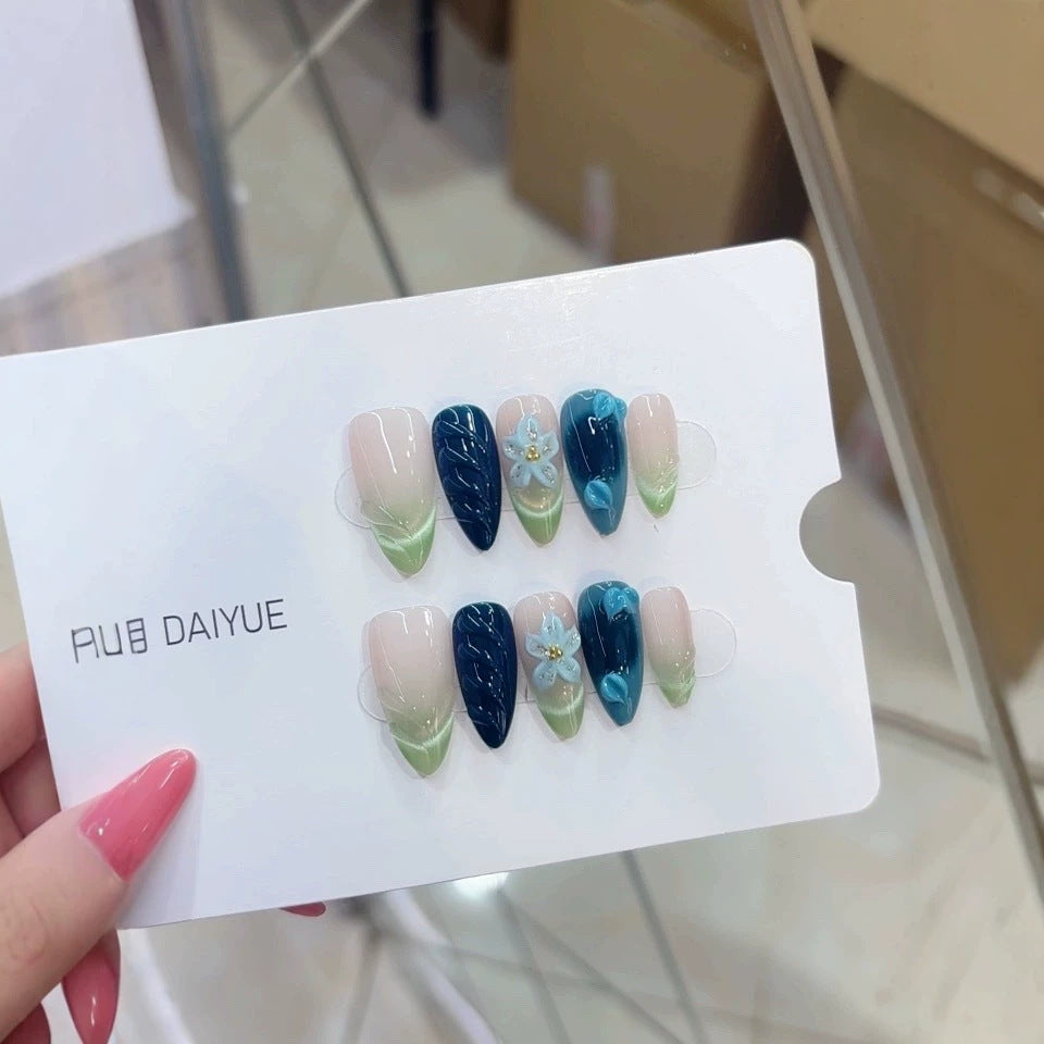 79-Purely handmade, reusing the European-style B326 hand-painted design featuring transparent, muted green, gradient, three-dimensional blue flower leaves.