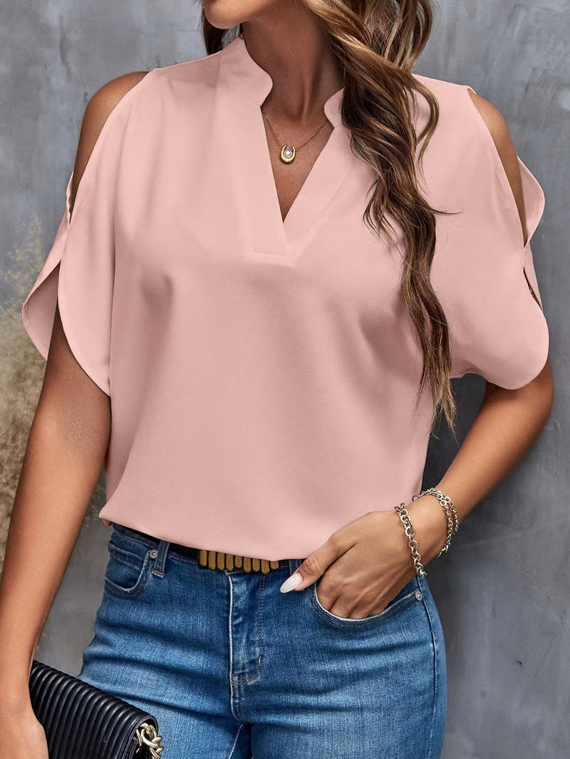 🎀Women's Solid Color Casual Fitted T-Shirt, Short Sleeve Off-Shoulder Top, Commuter Wear, Stylish and Comfortable Ladies' Tee