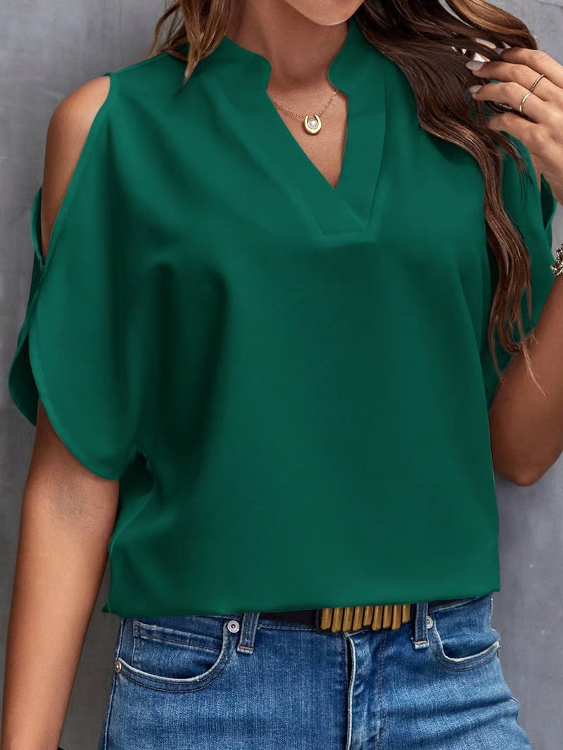 🎀Women's Solid Color Casual Fitted T-Shirt, Short Sleeve Off-Shoulder Top, Commuter Wear, Stylish and Comfortable Ladies' Tee