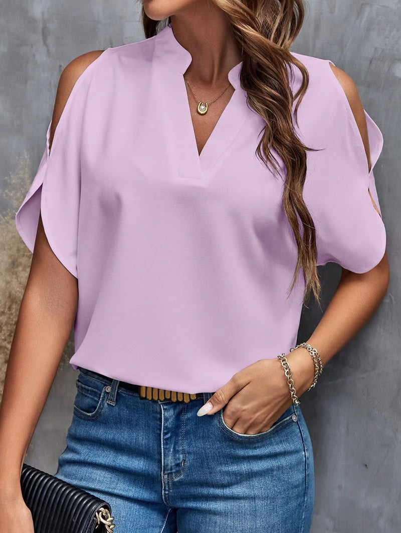 🎀Women's Solid Color Casual Fitted T-Shirt, Short Sleeve Off-Shoulder Top, Commuter Wear, Stylish and Comfortable Ladies' Tee