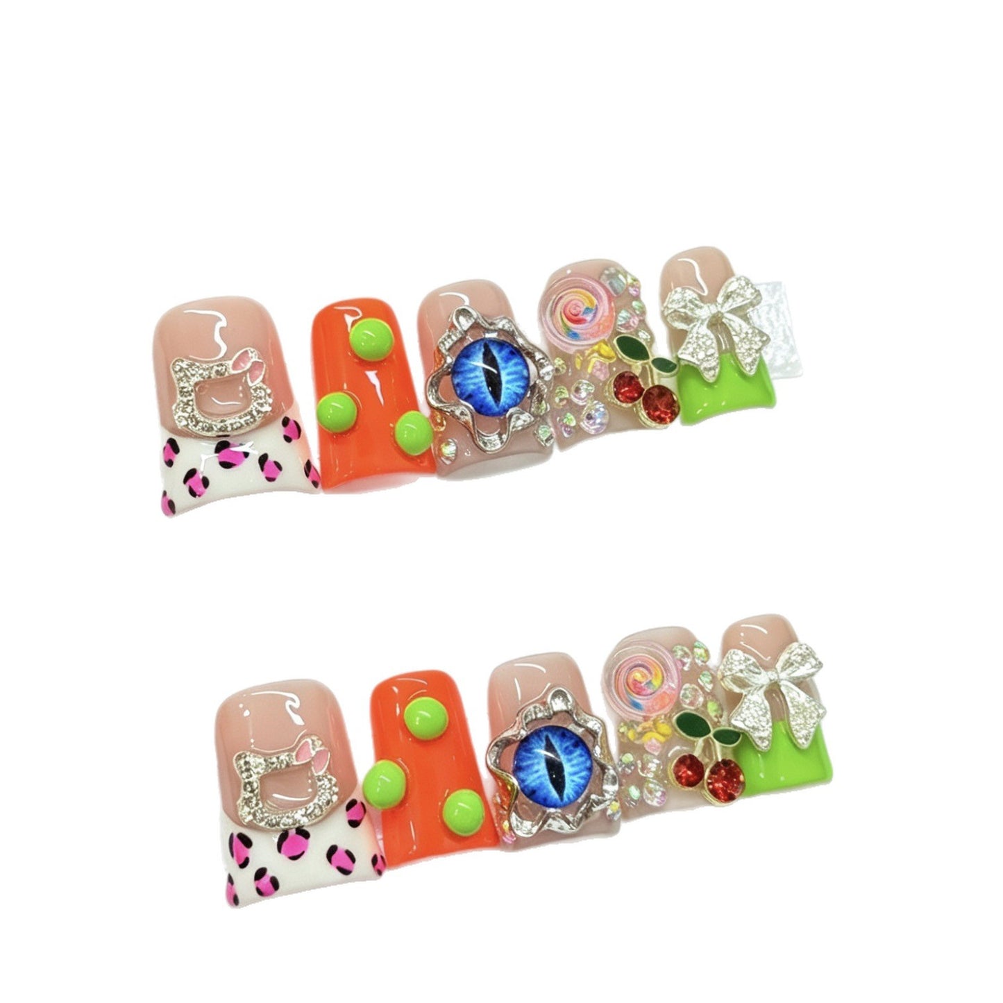 Sweet and cool style with leopard print on the beak, magical eyes, dopamine-inspired fake nails, and handcrafted wearable nails.