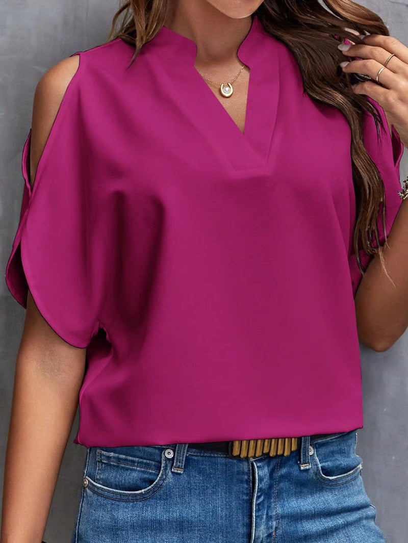 🎀Women's Solid Color Casual Fitted T-Shirt, Short Sleeve Off-Shoulder Top, Commuter Wear, Stylish and Comfortable Ladies' Tee
