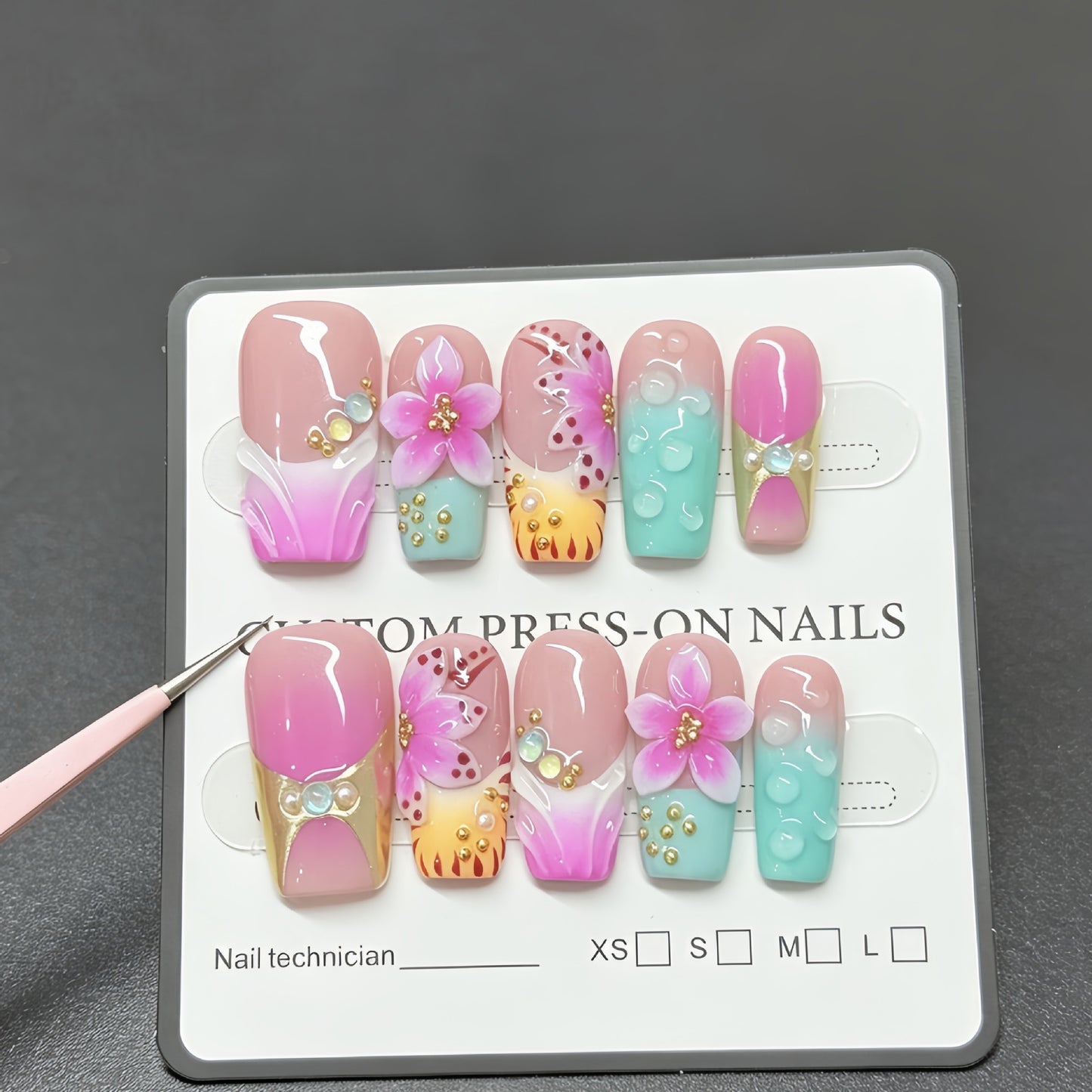 Hot-selling 3D three-dimensional flower decorative nail polish - pink flower drop acrylic nails, light therapy nails, French manicure