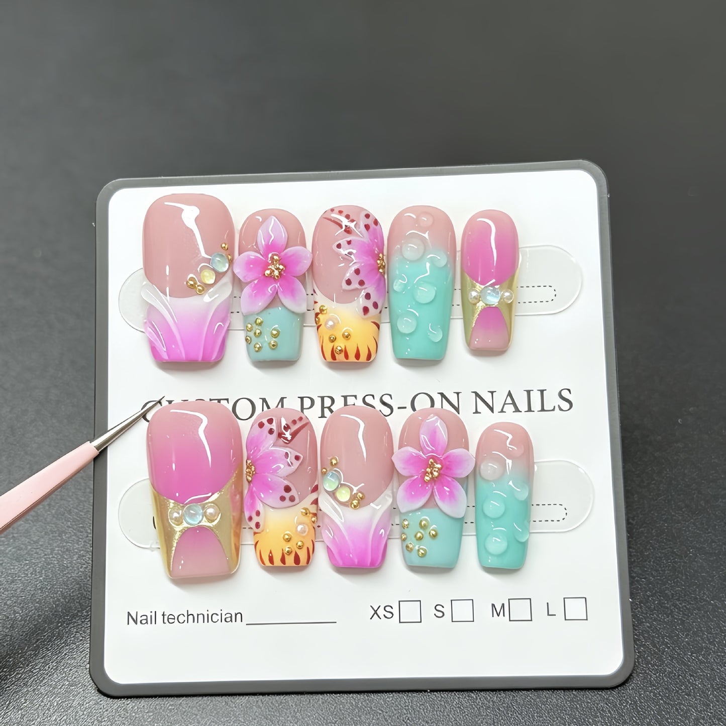 Hot-selling 3D three-dimensional flower decorative nail polish - pink flower drop acrylic nails, light therapy nails, French manicure