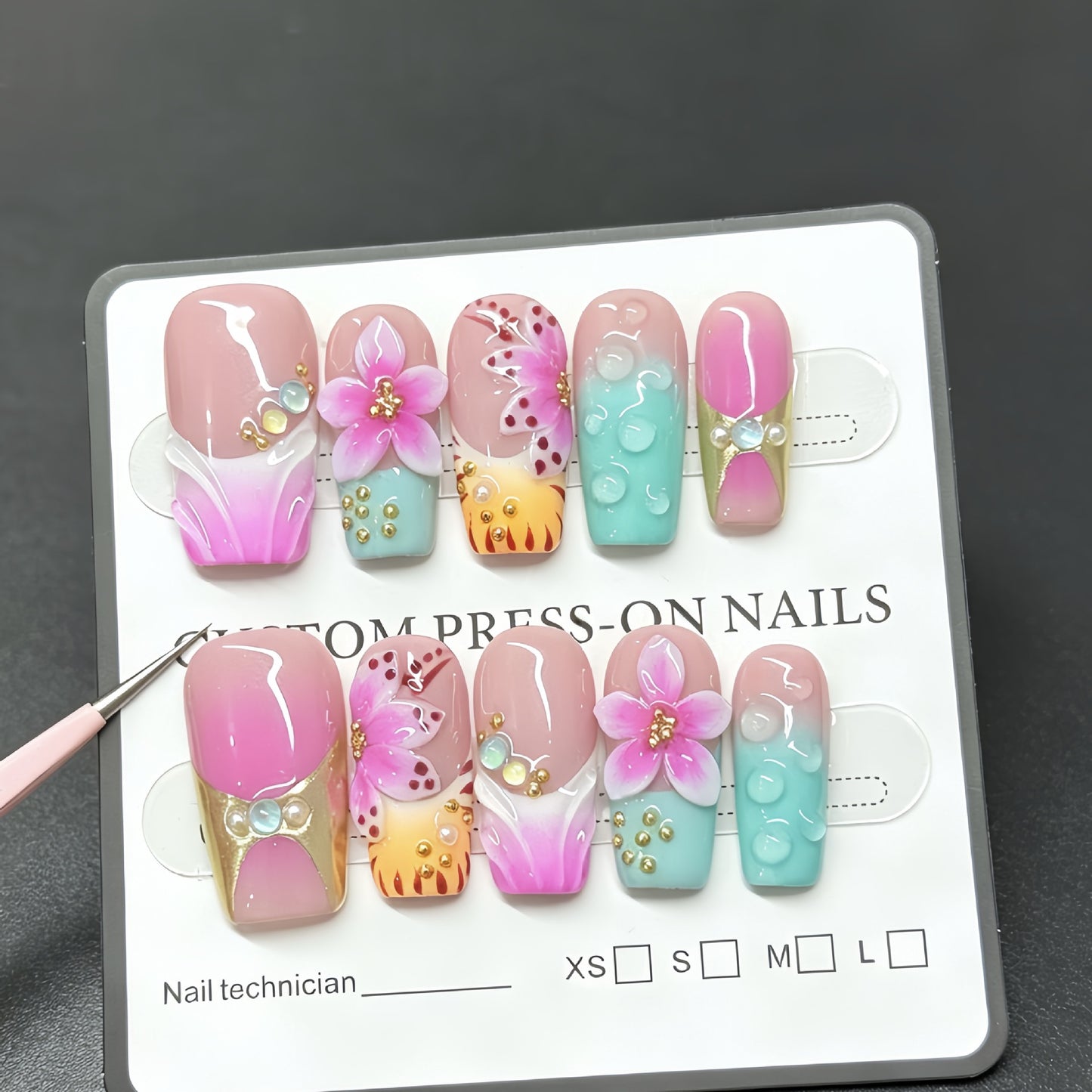 Hot-selling 3D three-dimensional flower decorative nail polish - pink flower drop acrylic nails, light therapy nails, French manicure