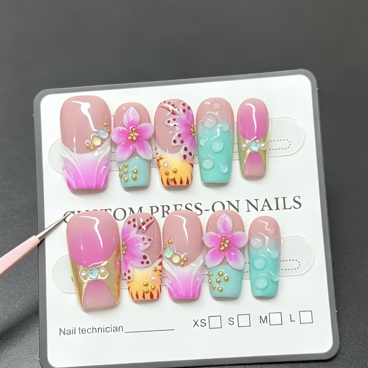 Hot-selling 3D three-dimensional flower decorative nail polish - pink flower drop acrylic nails, light therapy nails, French manicure