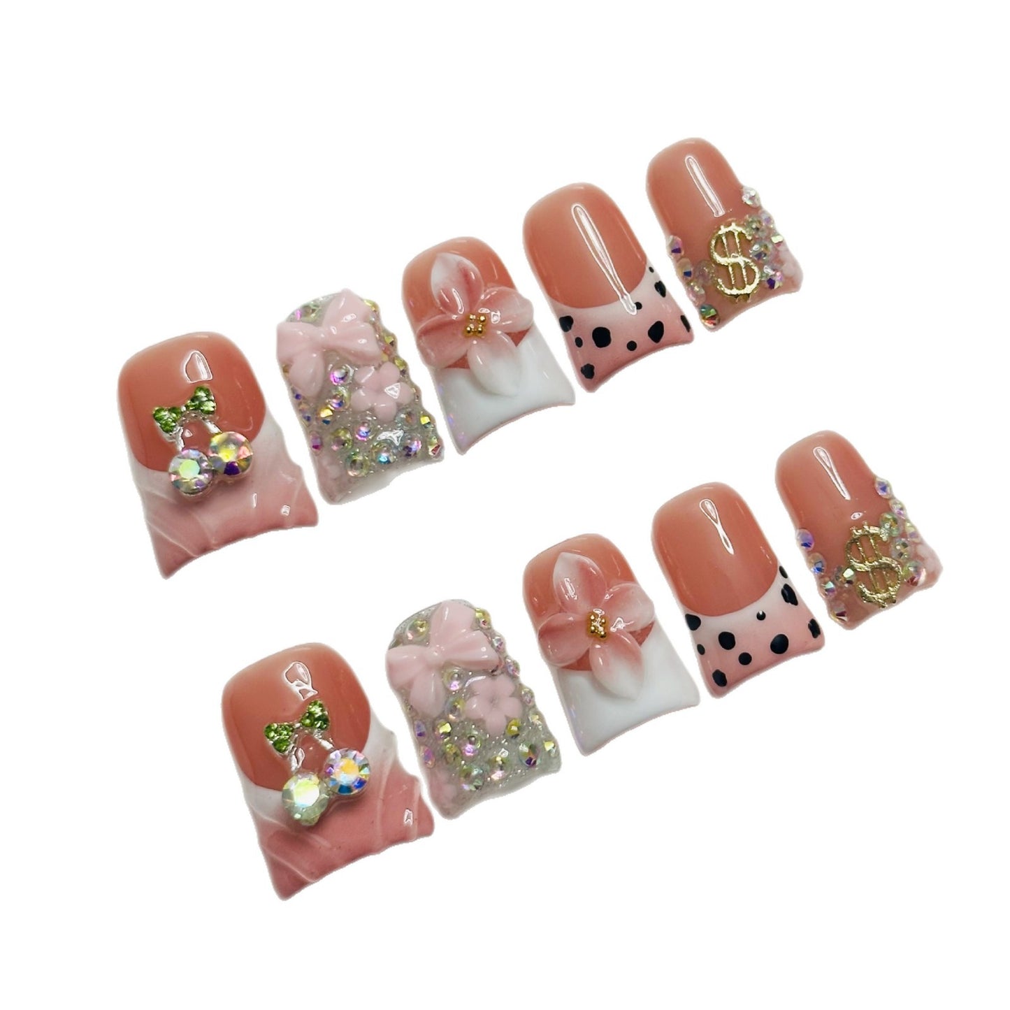 Sweet and cool style duckbill-shaped three-dimensional engraved floral pattern French-style spotted handmade wearable nail polish