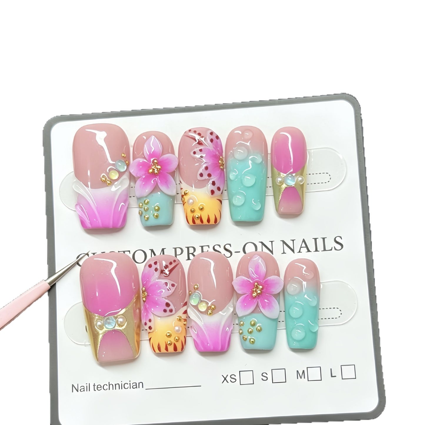 Hot-selling 3D three-dimensional flower decorative nail polish - pink flower drop acrylic nails, light therapy nails, French manicure