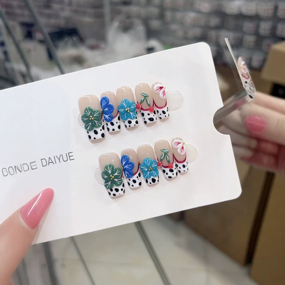 Handmade wearable nail polish B346 - Summer fresh blue-green floral cow spot European style wearable nail polish