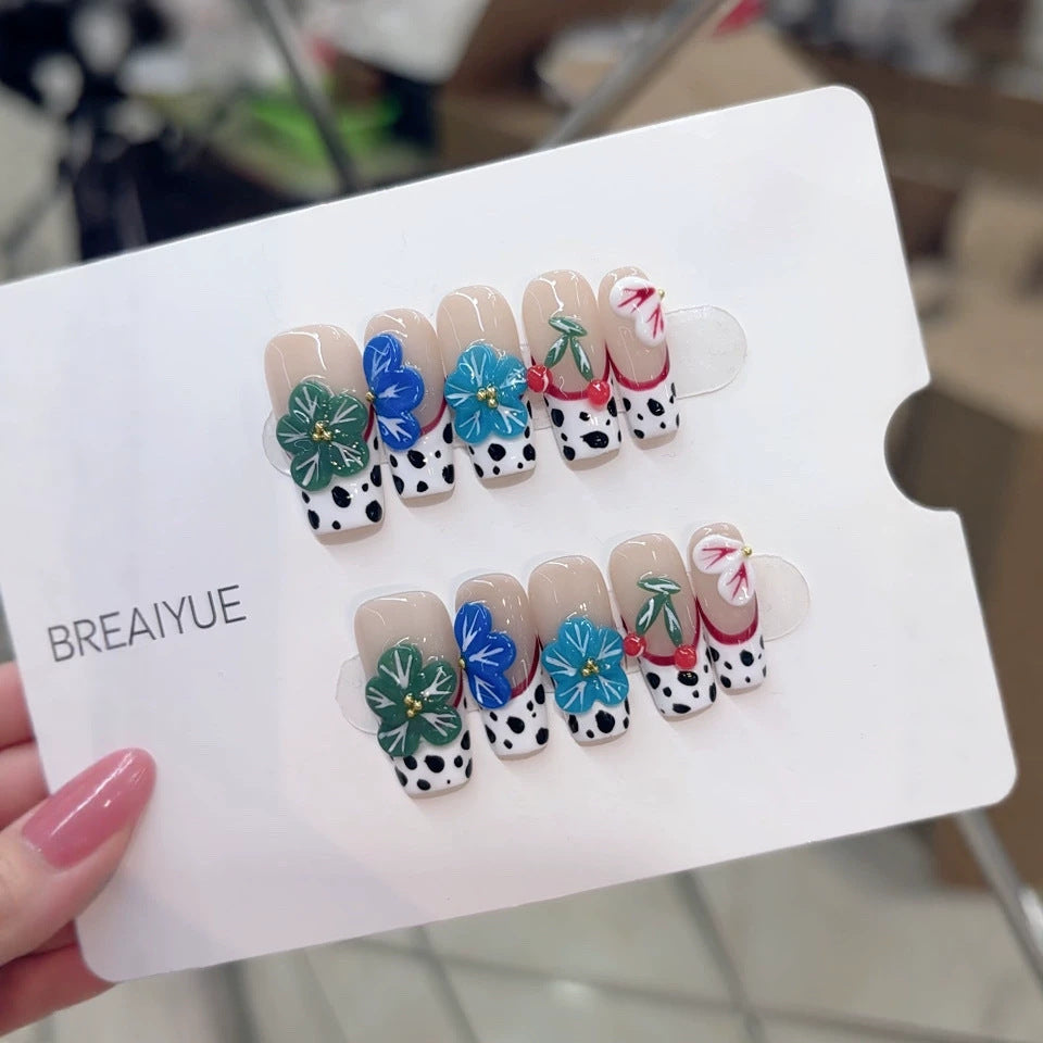 Handmade wearable nail polish B346 - Summer fresh blue-green floral cow spot European style wearable nail polish