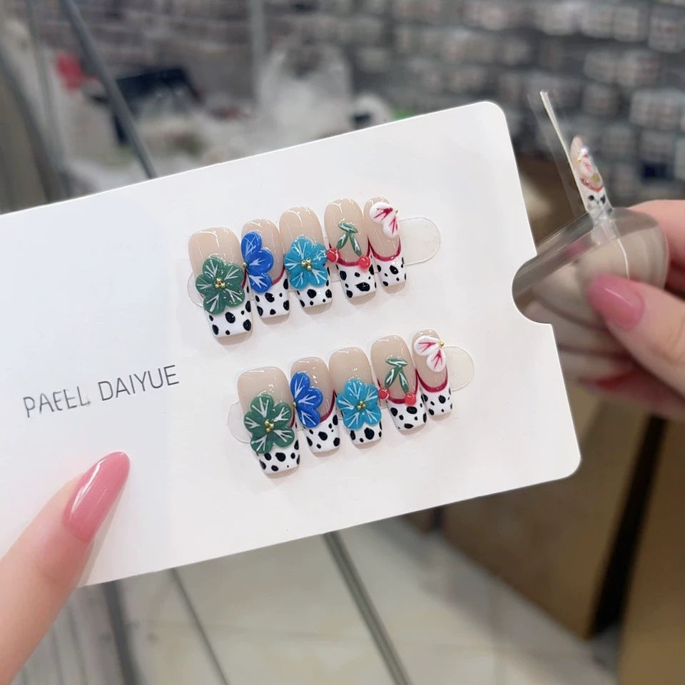 Handmade wearable nail polish B346 - Summer fresh blue-green floral cow spot European style wearable nail polish