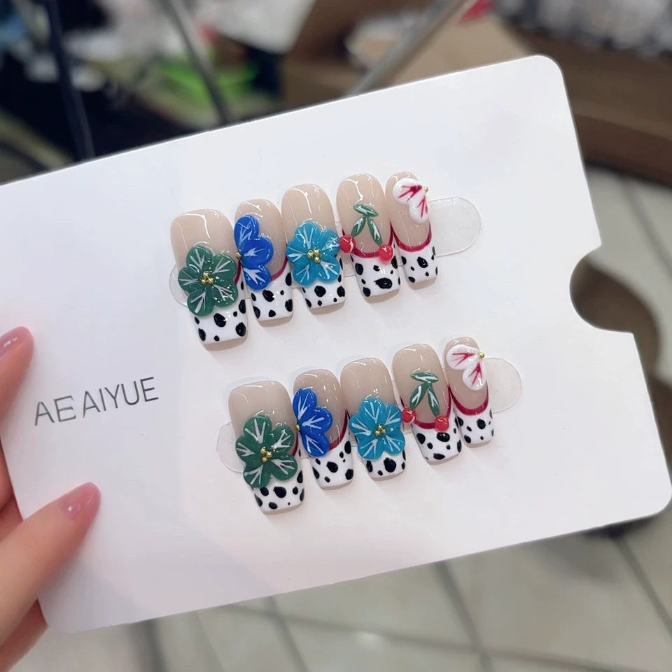 Handmade wearable nail polish B346 - Summer fresh blue-green floral cow spot European style wearable nail polish