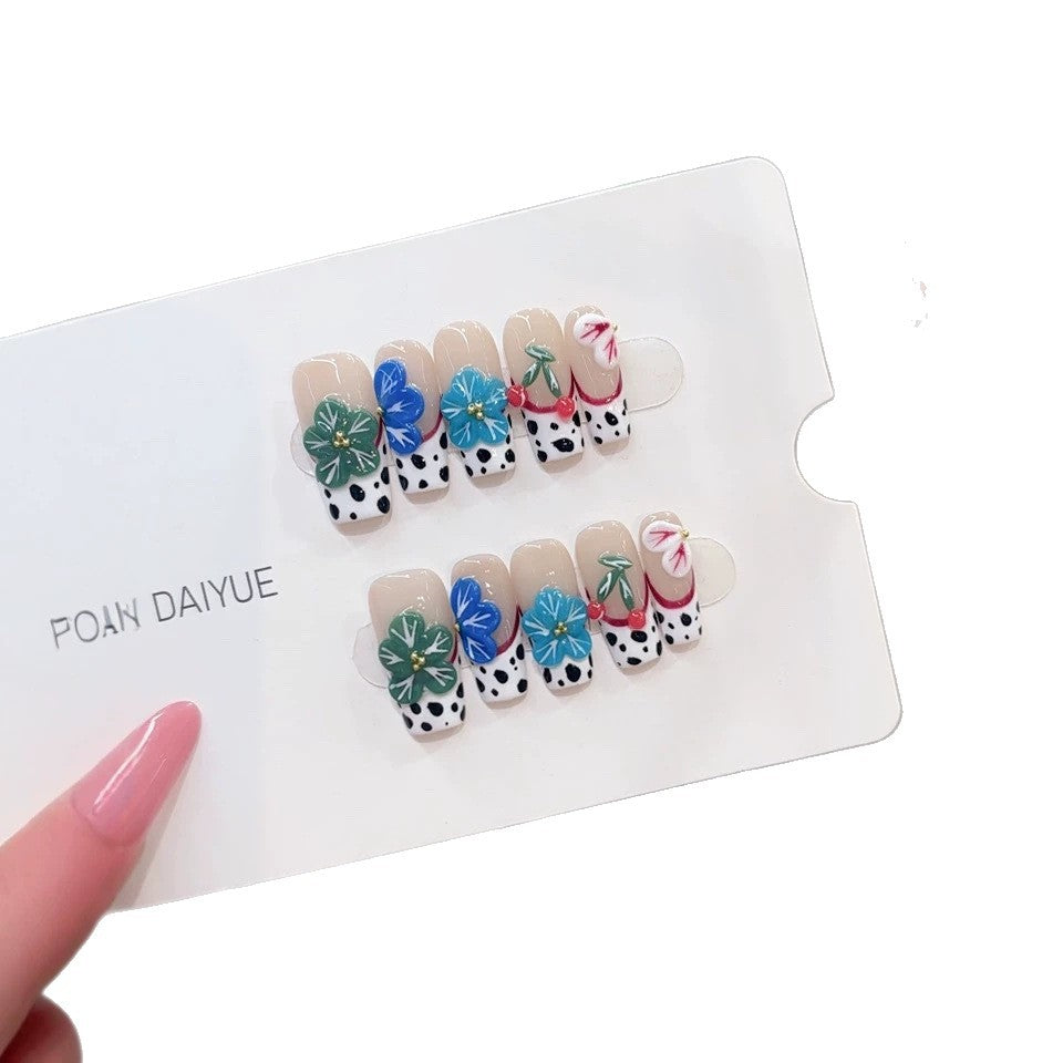 Handmade wearable nail polish B346 - Summer fresh blue-green floral cow spot European style wearable nail polish