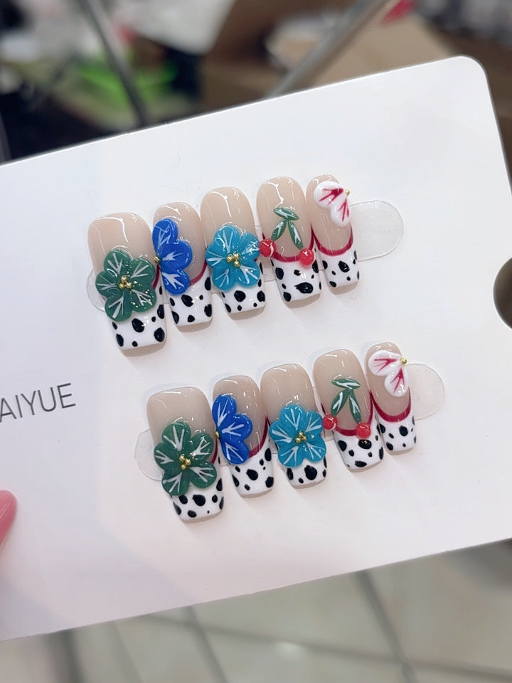 Handmade wearable nail polish B346 - Summer fresh blue-green floral cow spot European style wearable nail polish