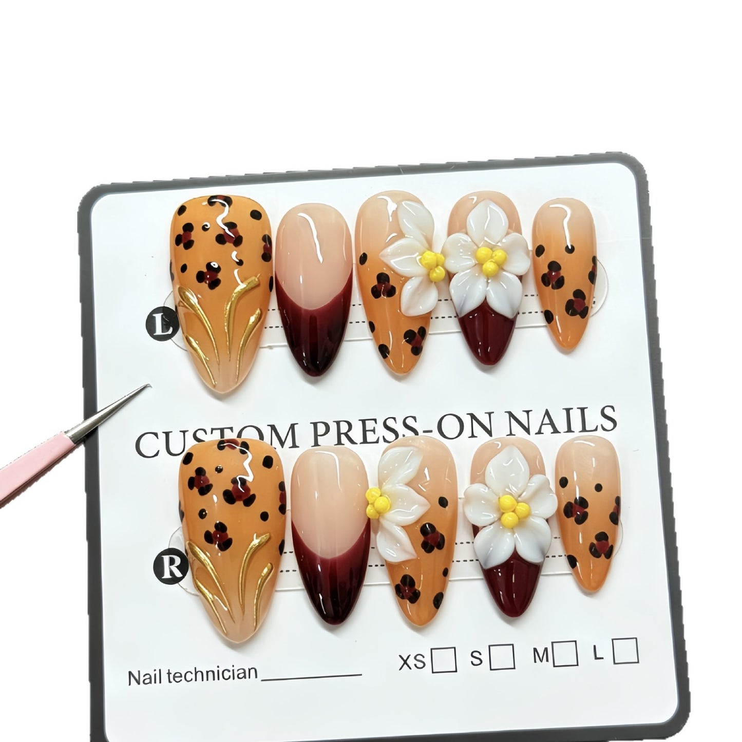 Handmade decorative acrylic nails in autumn color with leopard print and almond-shaped three-dimensional engraved patterns - a best-selling fake nail set for manicure.