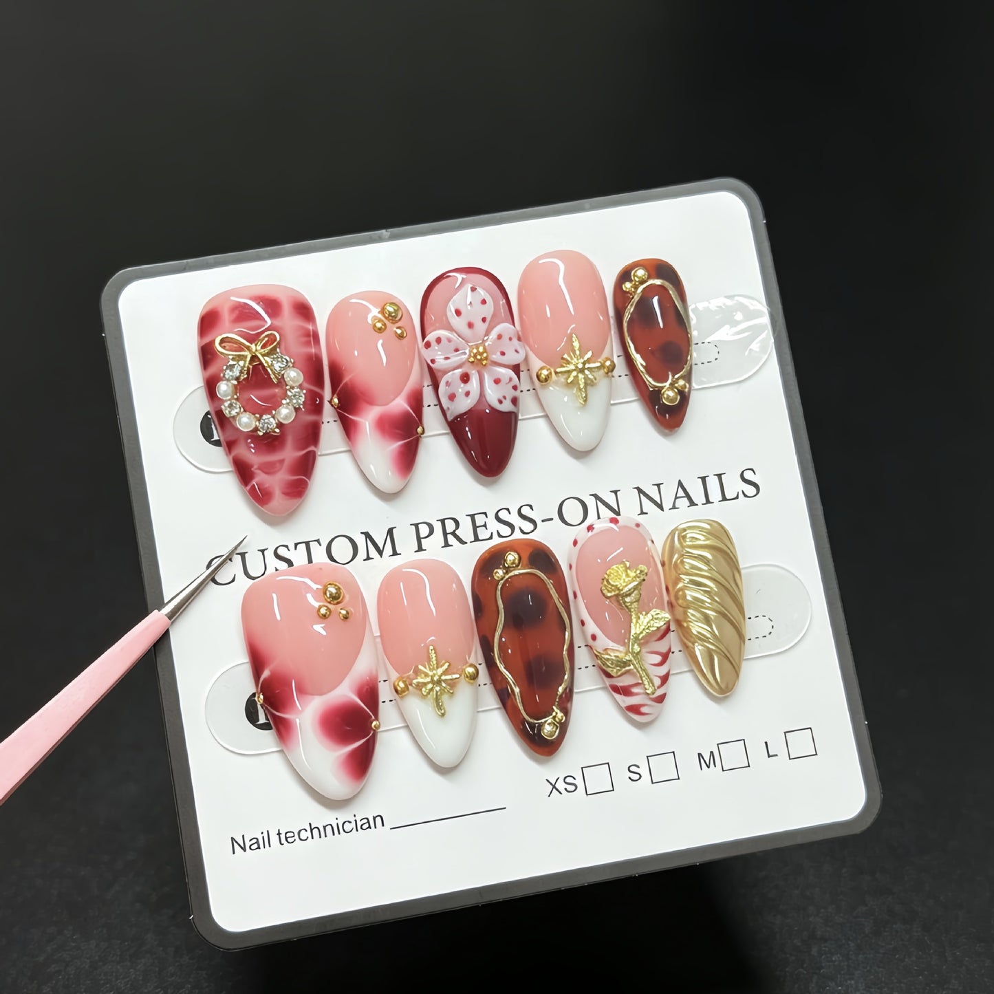 Wearing gloves is specifically for the three-dimensional engraved flower artificial nails for fake fingernails. It is for the almond-shaped wholesale in the French style manicure stickers.