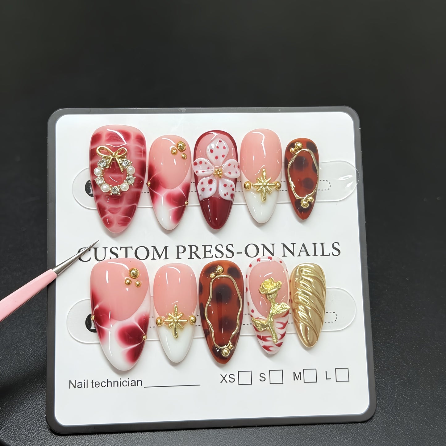 Wearing gloves is specifically for the three-dimensional engraved flower artificial nails for fake fingernails. It is for the almond-shaped wholesale in the French style manicure stickers.