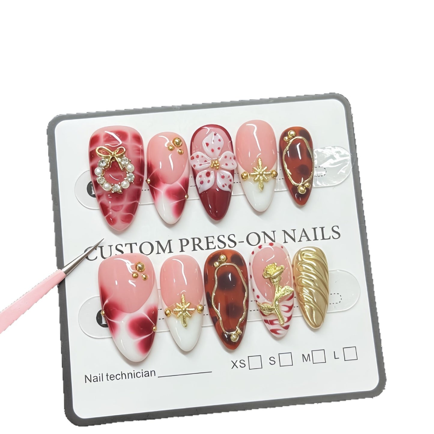 Wearing gloves is specifically for the three-dimensional engraved flower artificial nails for fake fingernails. It is for the almond-shaped wholesale in the French style manicure stickers.