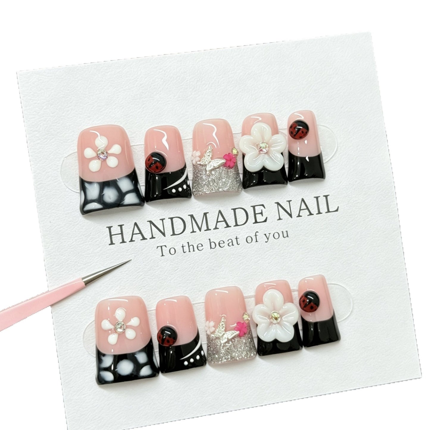 Duckbill Lepidoptera handcrafted nail polish short black European best-selling French-style faux nails with engraved designs and light therapy effect