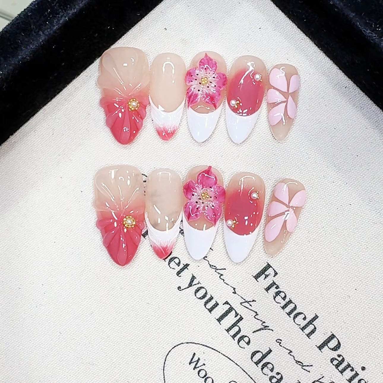 Handcrafted craftsmanship B408 French patterned European export almond-shaped nail covers with nail art stickers