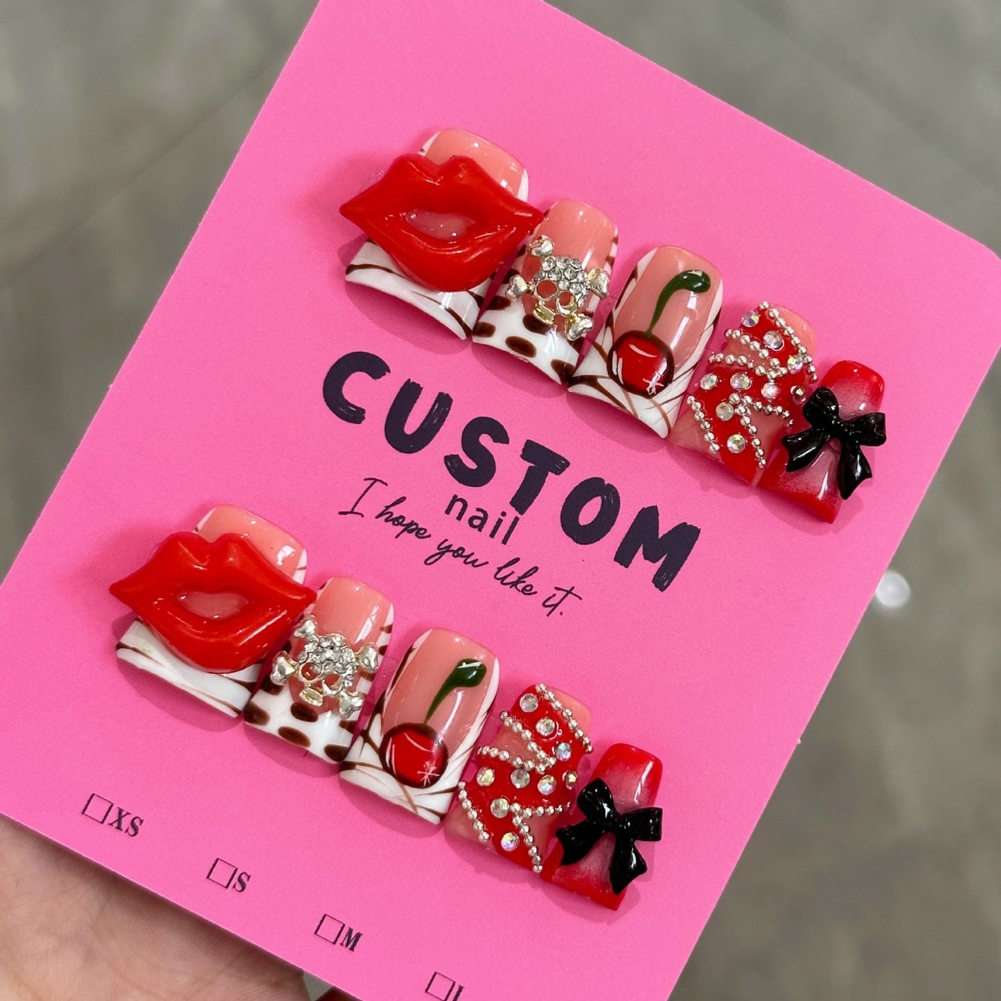 Sweet and cool style duckbill-shaped nails with red lips and cherry color pure handcrafted nail pressing nails
