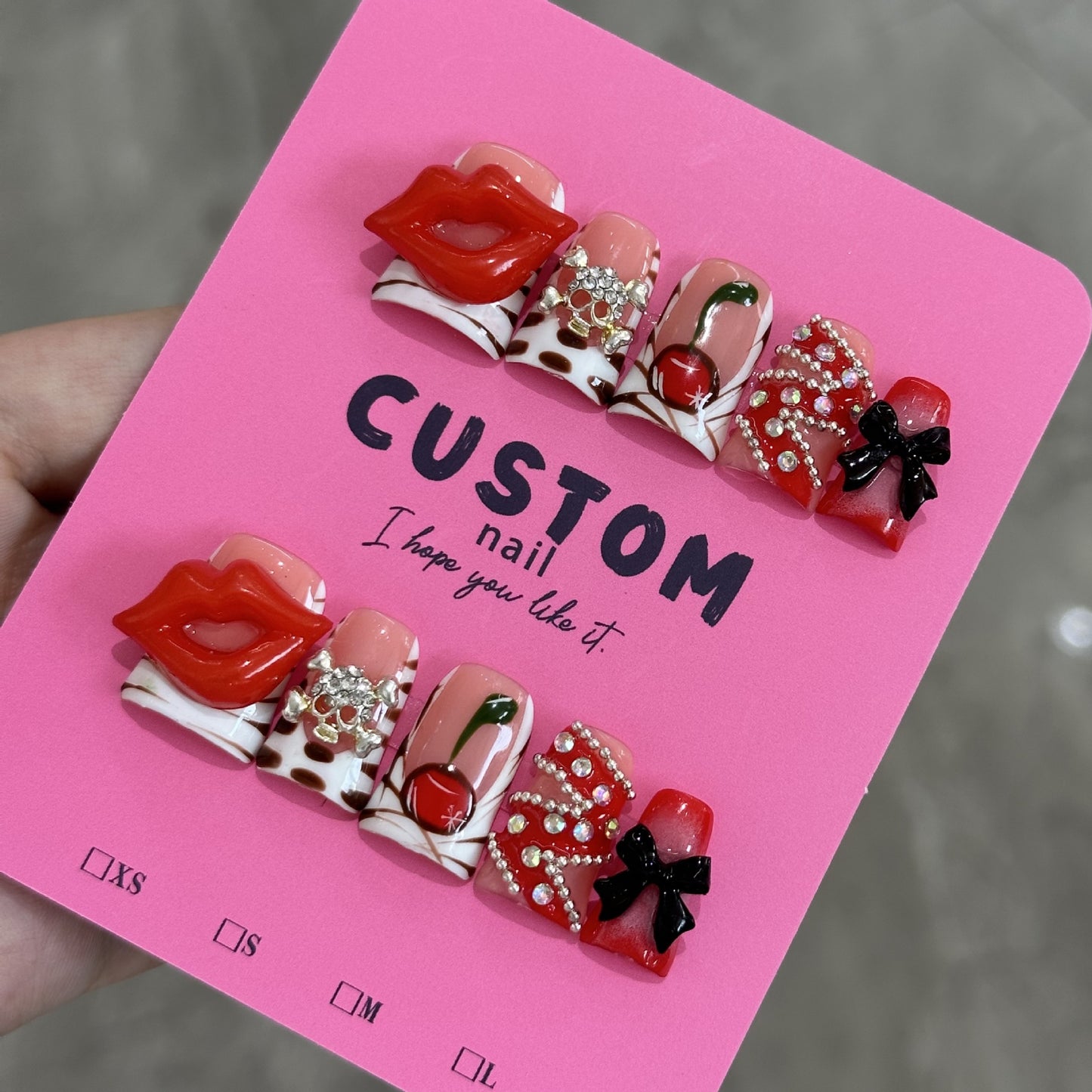 Sweet and cool style duckbill-shaped nails with red lips and cherry color pure handcrafted nail pressing nails