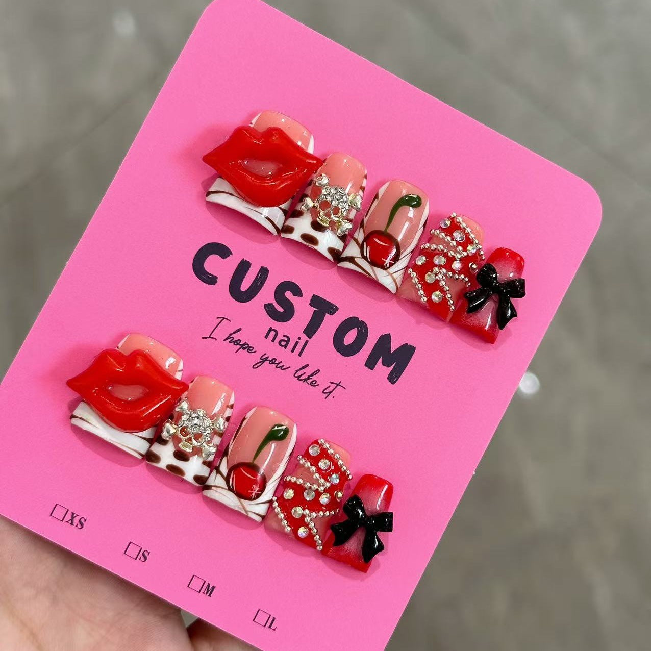 Sweet and cool style duckbill-shaped nails with red lips and cherry color pure handcrafted nail pressing nails