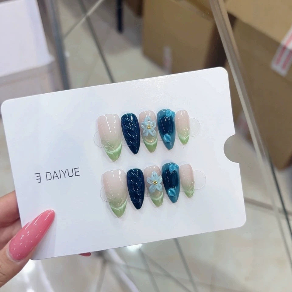 Purely handmade, reusing the European-style B326 hand-painted design featuring transparent, muted green, gradient, three-dimensional blue flower leaves.