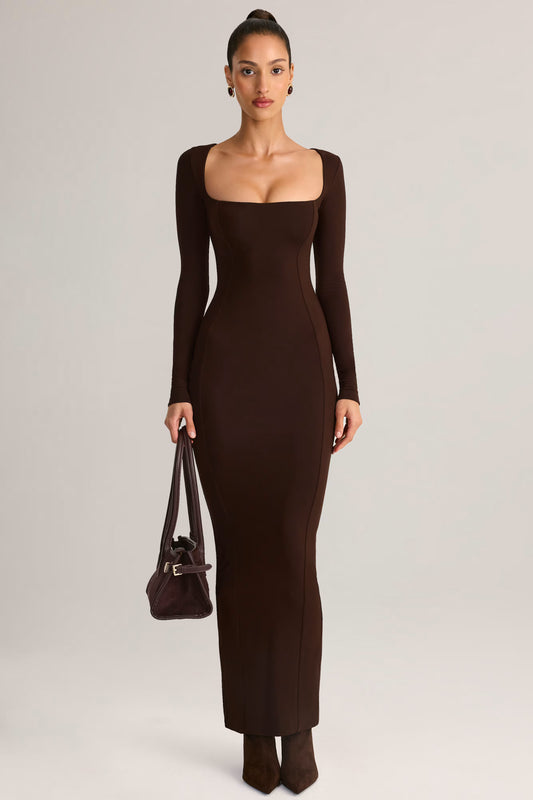 Modal Square-Neck Maxi Dress in Chocolate Brown