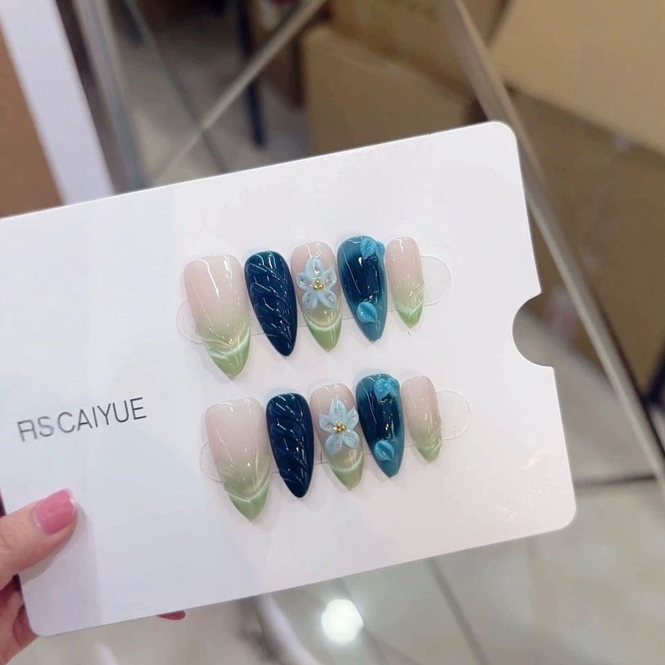 Purely handmade, reusing the European-style B326 hand-painted design featuring transparent, muted green, gradient, three-dimensional blue flower leaves.