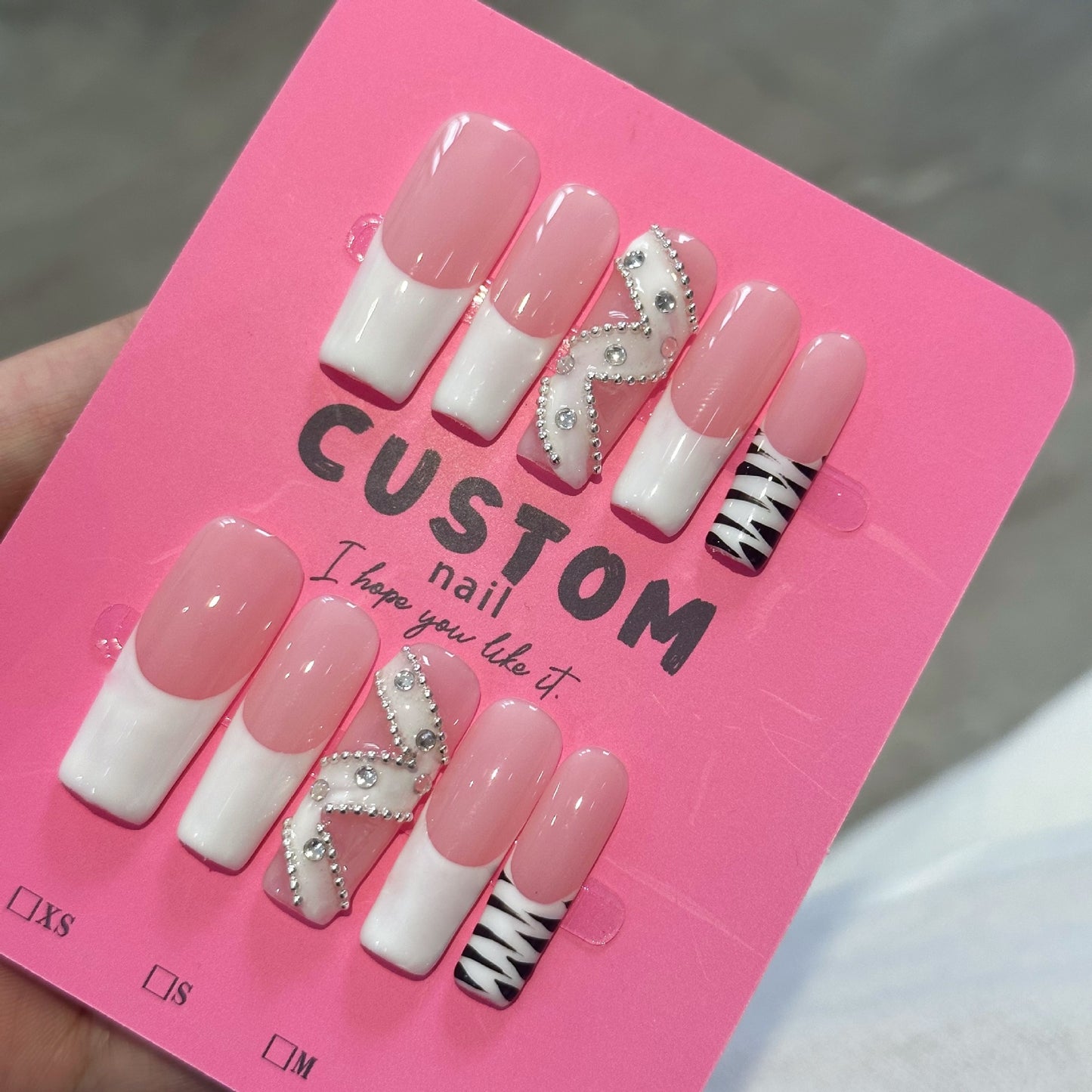 Water pipe with zebra pattern French-style construction, pure handcrafted wearable nails, Press on nails