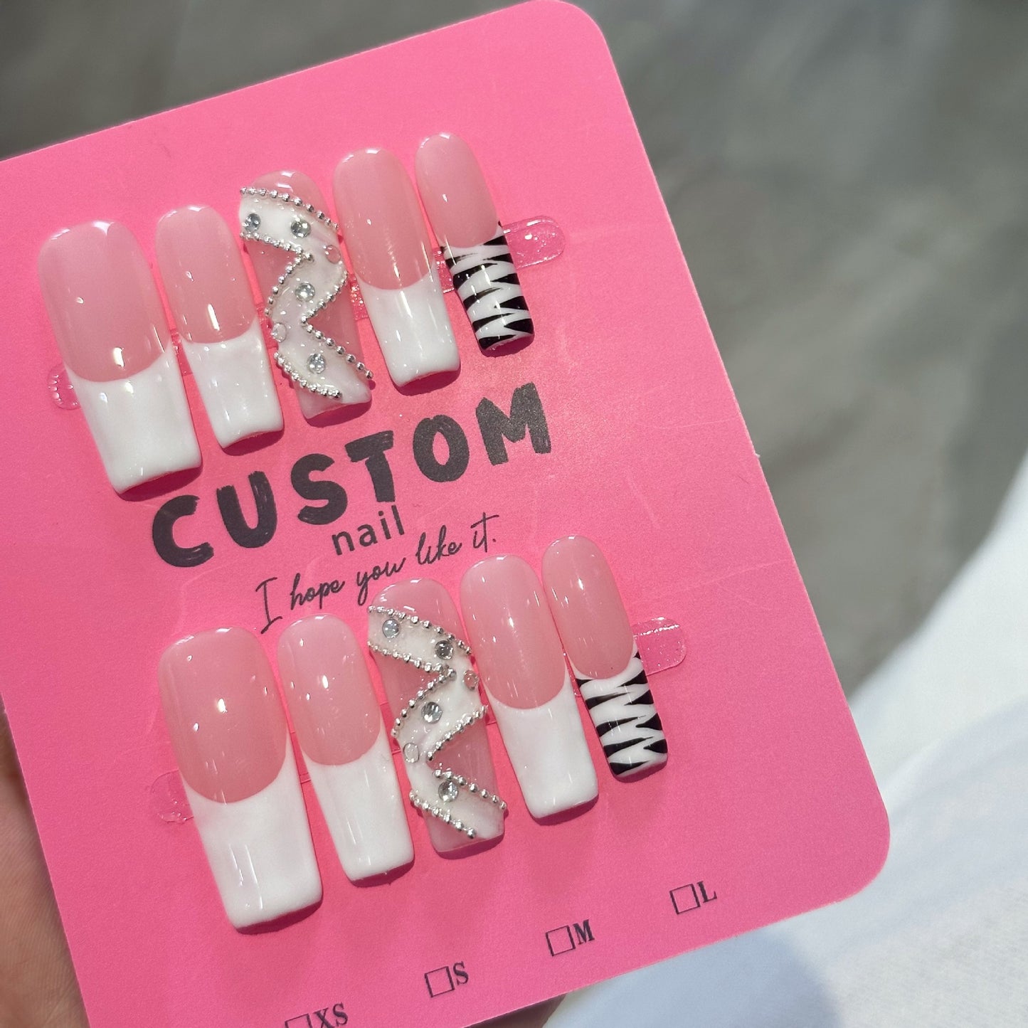 Water pipe with zebra pattern French-style construction, pure handcrafted wearable nails, Press on nails