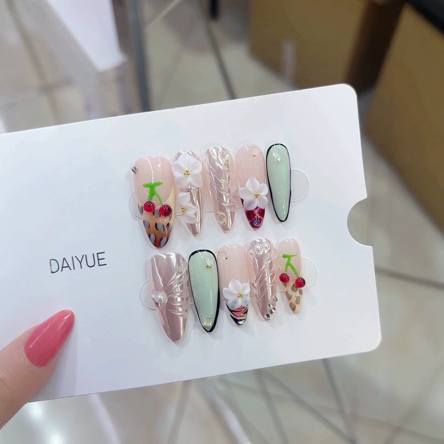 Purely handmade, re-used European-style B334 fresh and youthful handcrafted nail pieces. Three-dimensional cherry design.