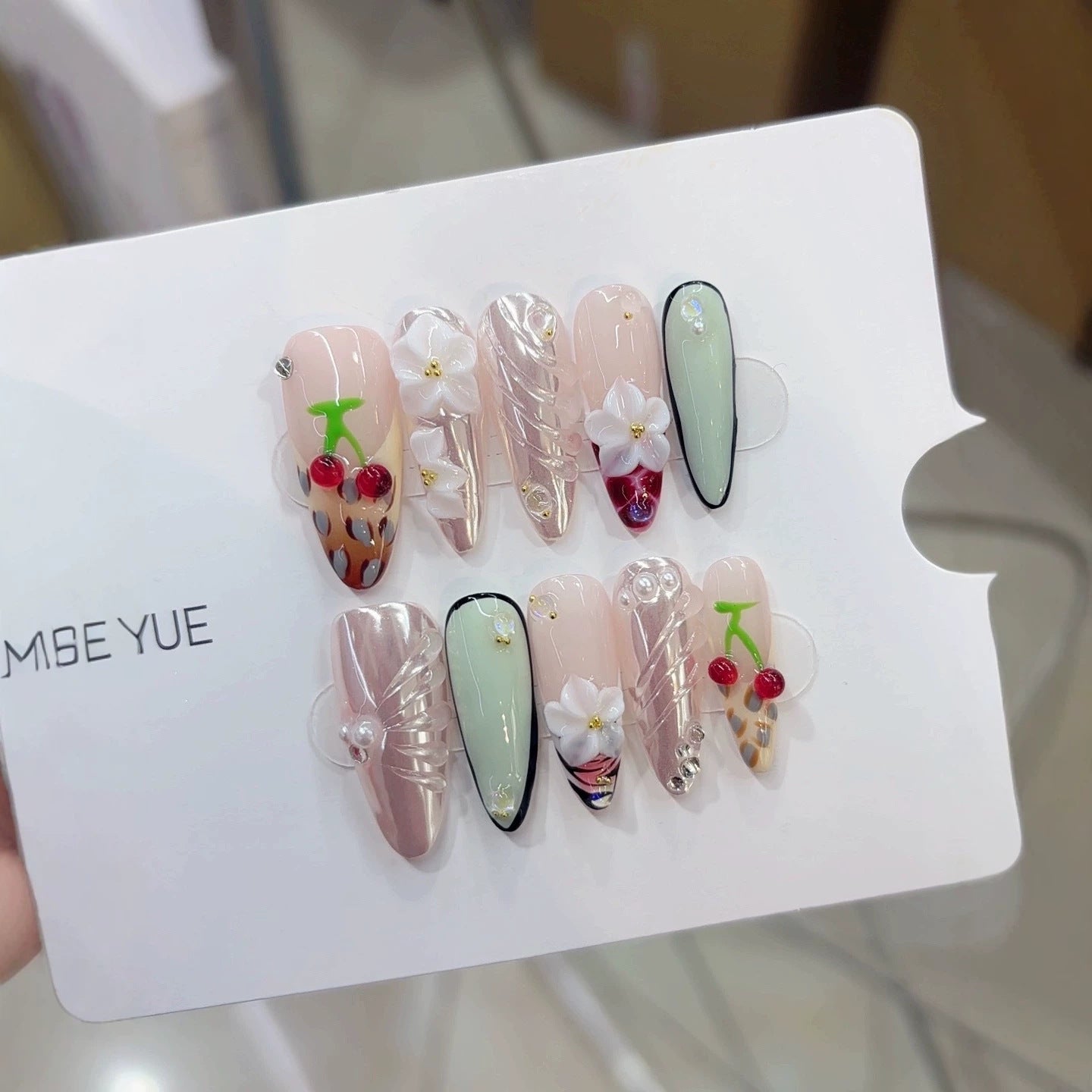 Purely handmade, re-used European-style B334 fresh and youthful handcrafted nail pieces. Three-dimensional cherry design.