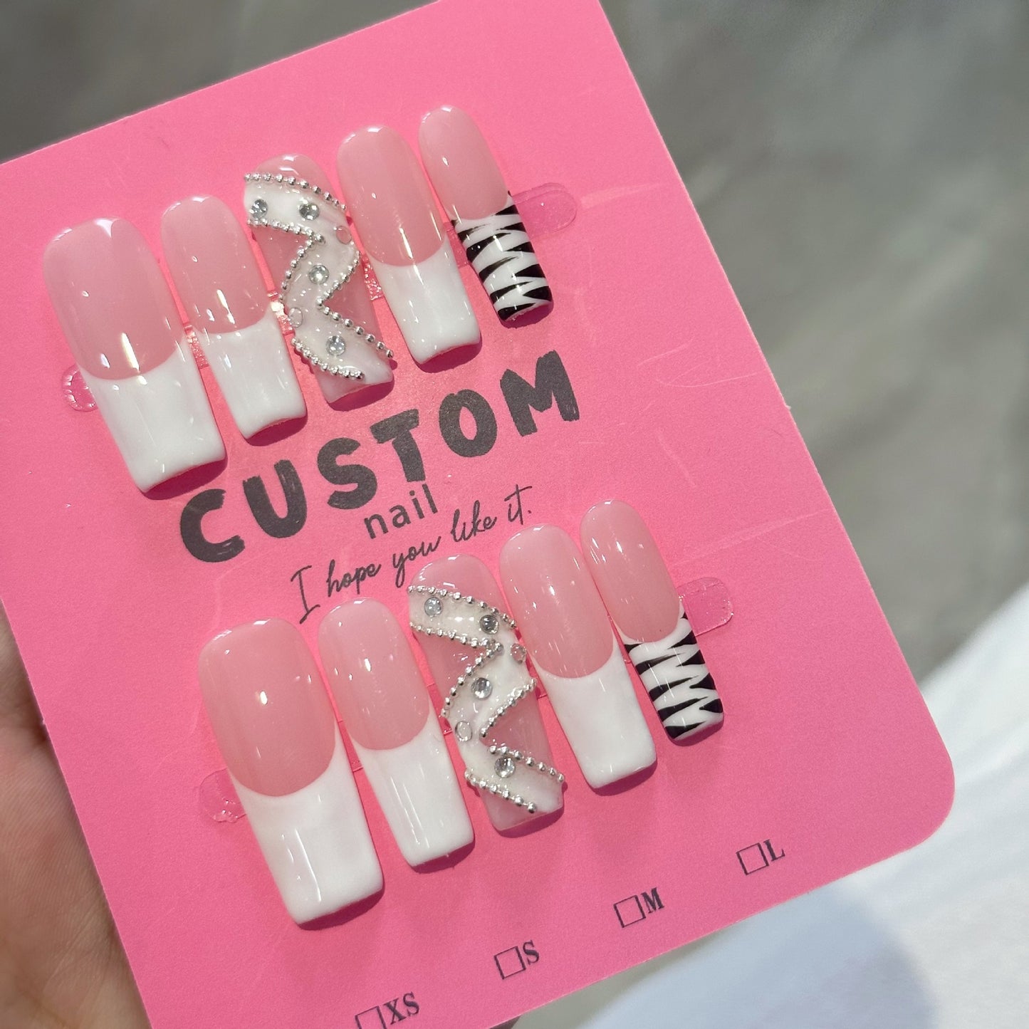 Water pipe with zebra pattern French-style construction, pure handcrafted wearable nails, Press on nails