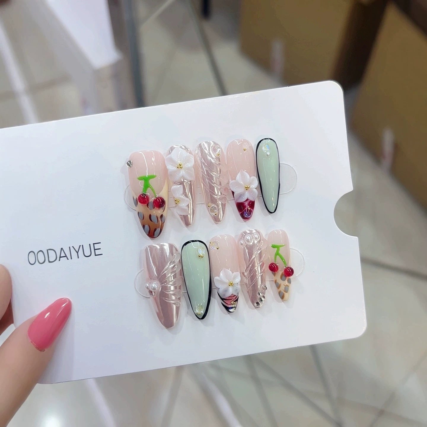 Purely handmade, re-used European-style B334 fresh and youthful handcrafted nail pieces. Three-dimensional cherry design.